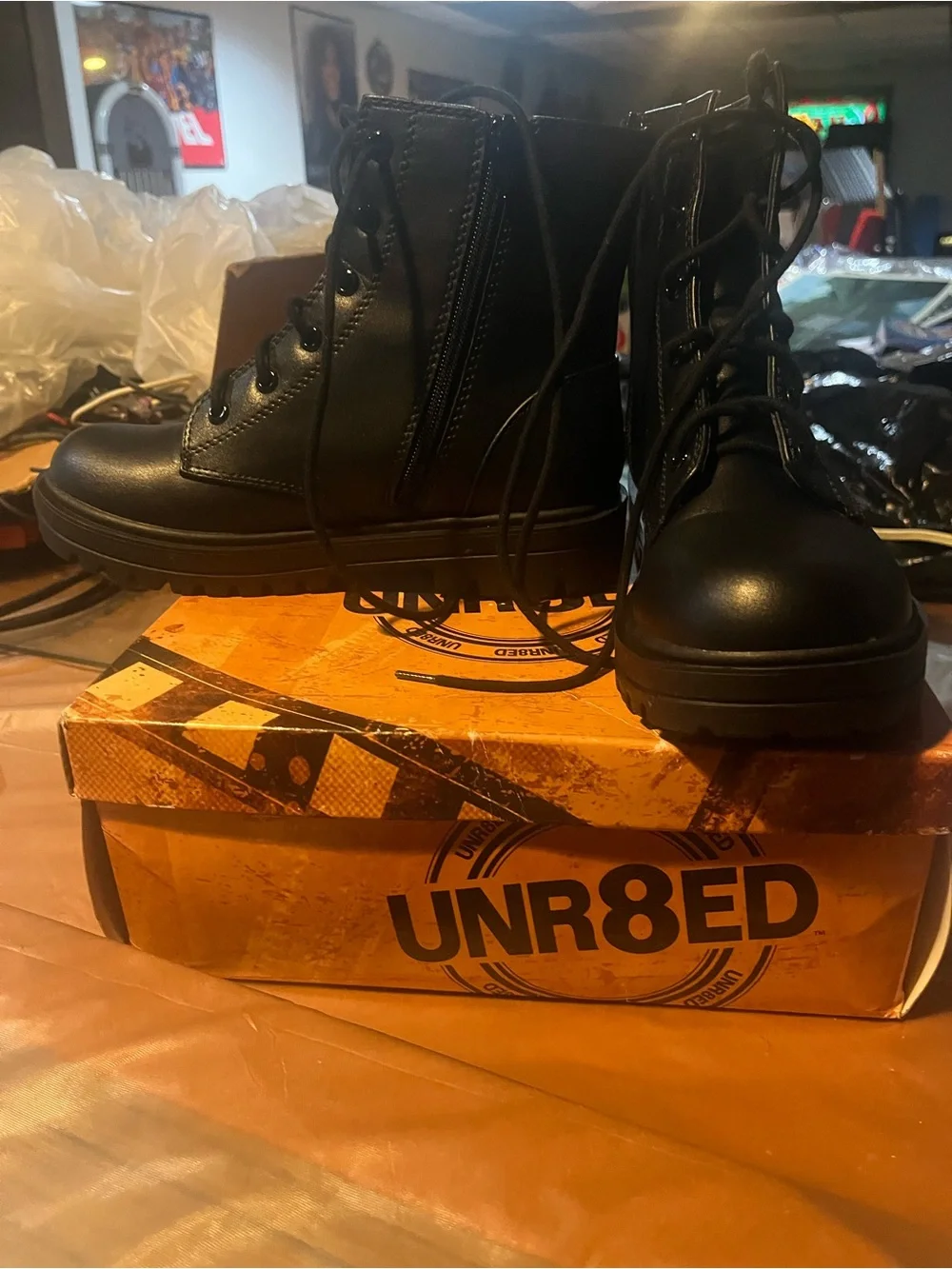 Girls Black Lace-Up Combat Boots with Side Zip